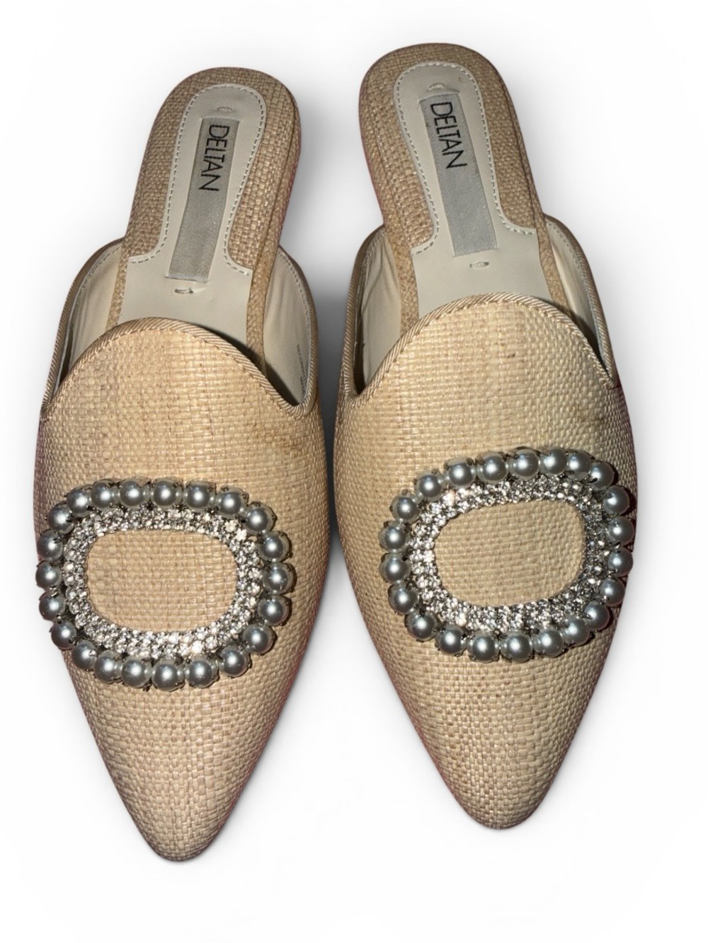 Delman Beige Woven Pointed-Toe Mules with Pearl & Crystal Buckle NWOB
